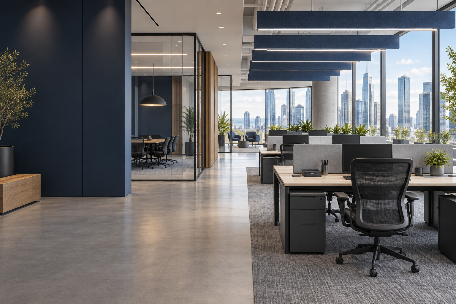 Representative modern workplace with ergonomic office chairs